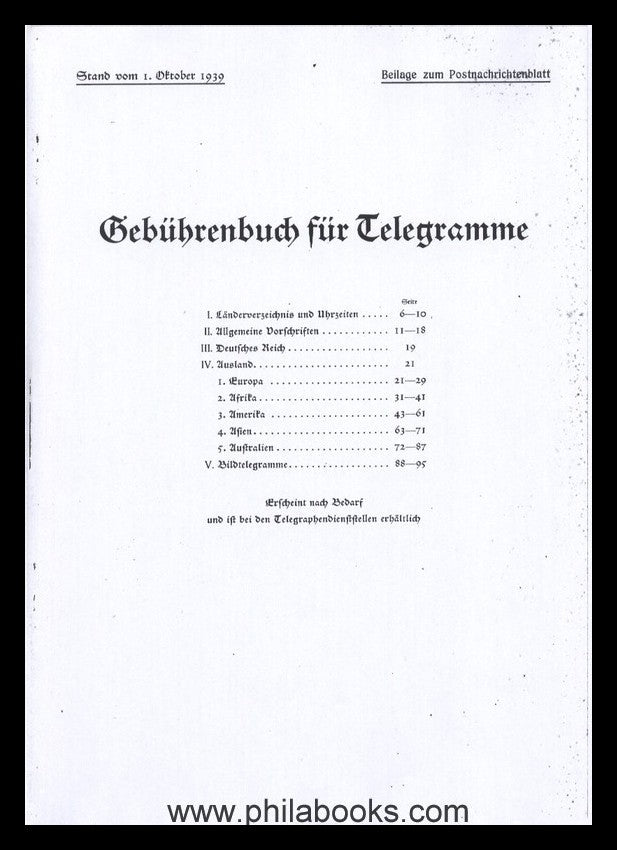 Gebührenbuch für Telegramme, Stand vom 1. Oktober 1939, Beilage zu ...
