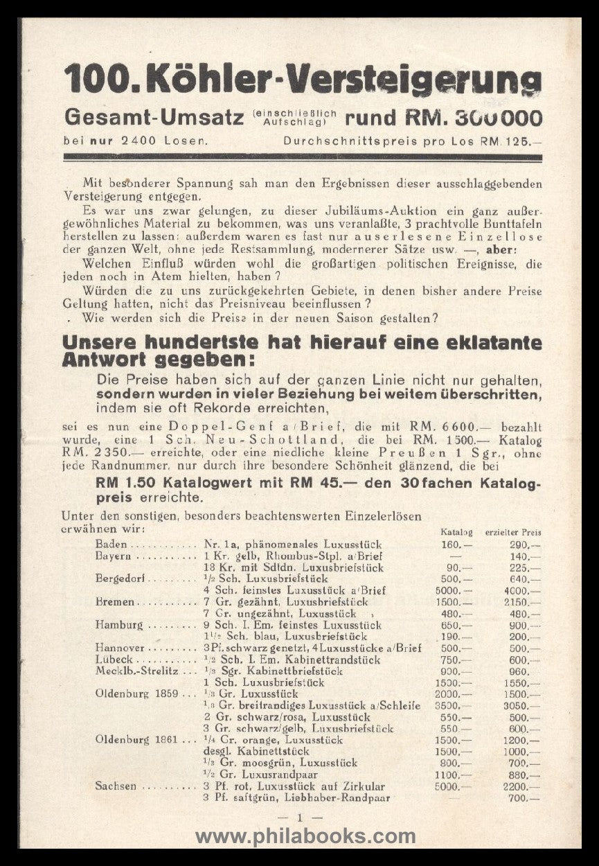 Heinrich Köhler, Auction 100, 1938-10