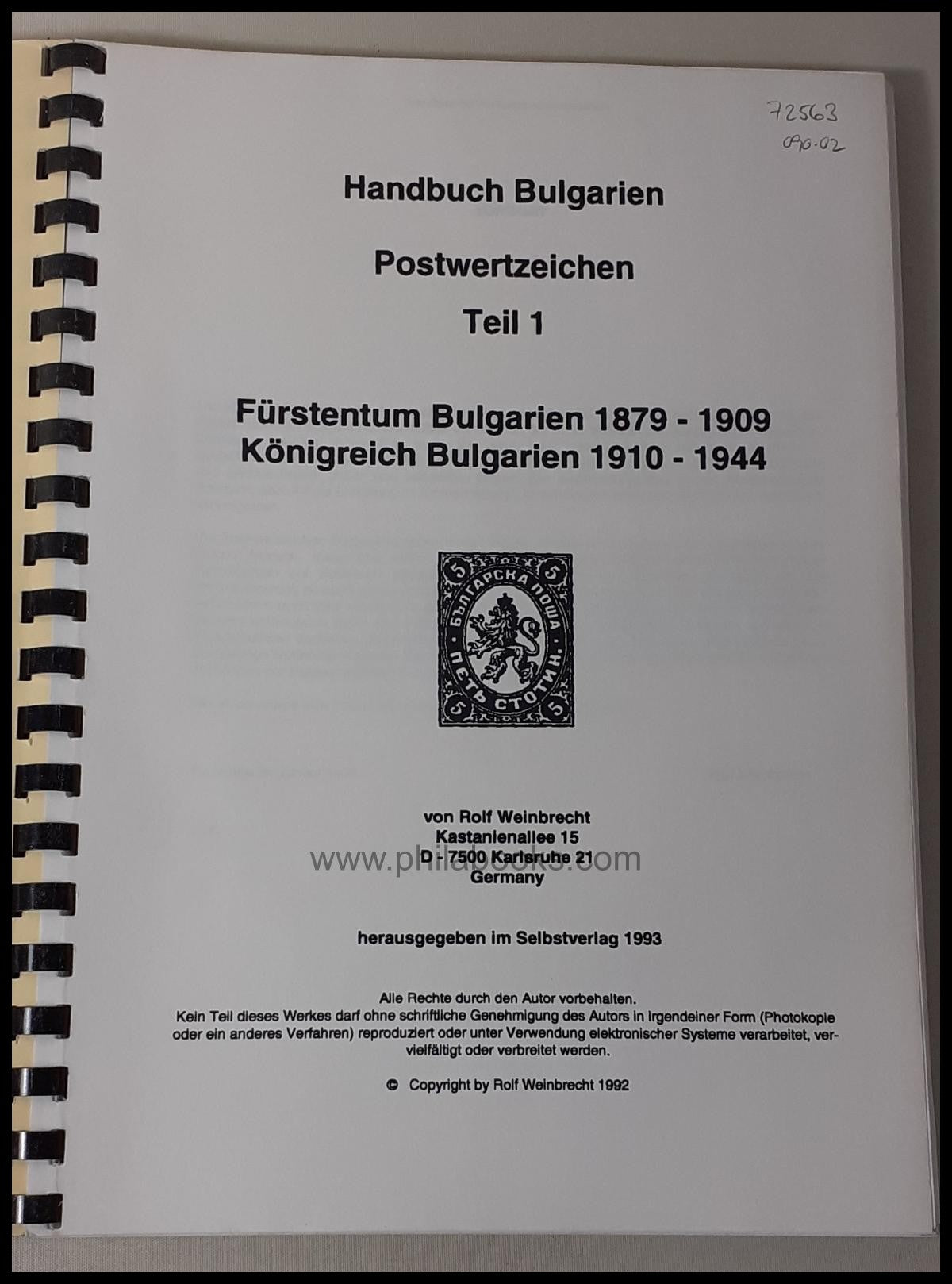 Weinbrecht, R., Handbuch Bulgarien, Postwertzeichen Teil 1, 1879-1 ...