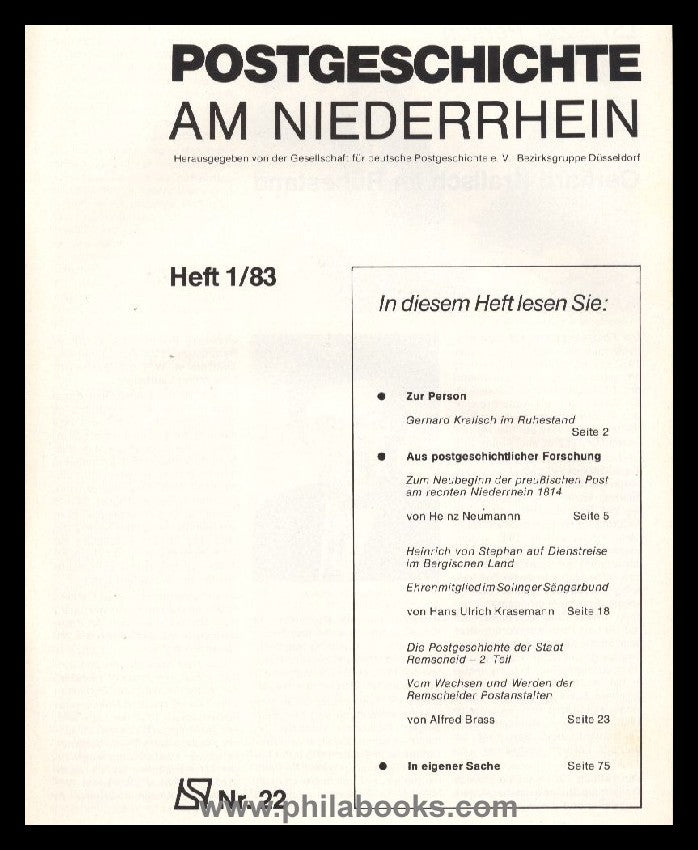 NIEDERRHEIN, Postgeschichtliche Blätter Niederrhein, 1983, Nr. 22 ...