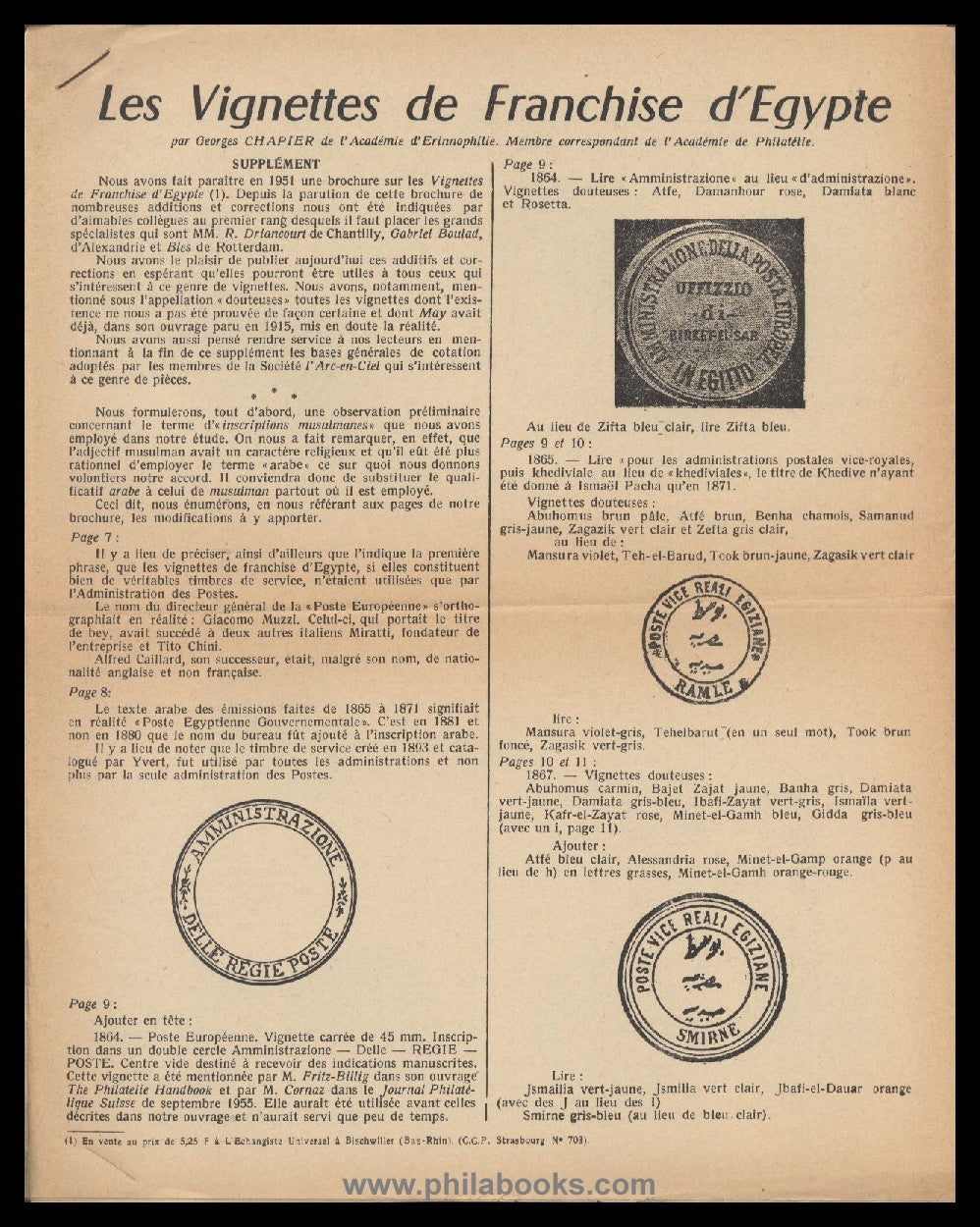Chapier, G., Les Vignettes de Franchise d'Egypte, Preface de M. Gu ...