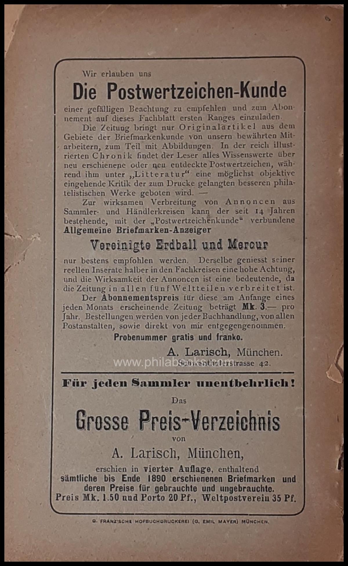 Rommel, O., Studie über die Postwertzeichen von Peru, Verlag A. La ...