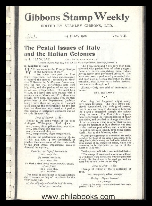 Hanciau, L., The Postal Issues of Italy and Italian Colonies, 1908 ...