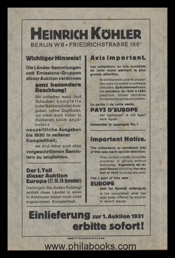 Heinrich Köhler, auction ex 068, 1930-12, overseas