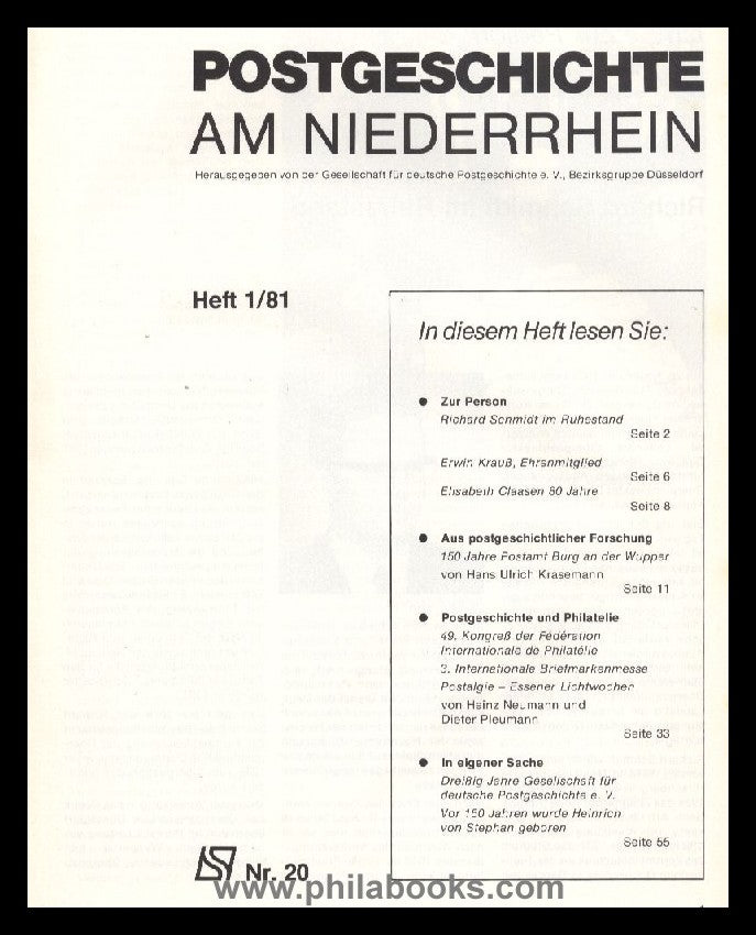 NIEDERRHEIN,, Postgeschichtliche Blätter Niederrhein, 1981, Nr. 20 ...