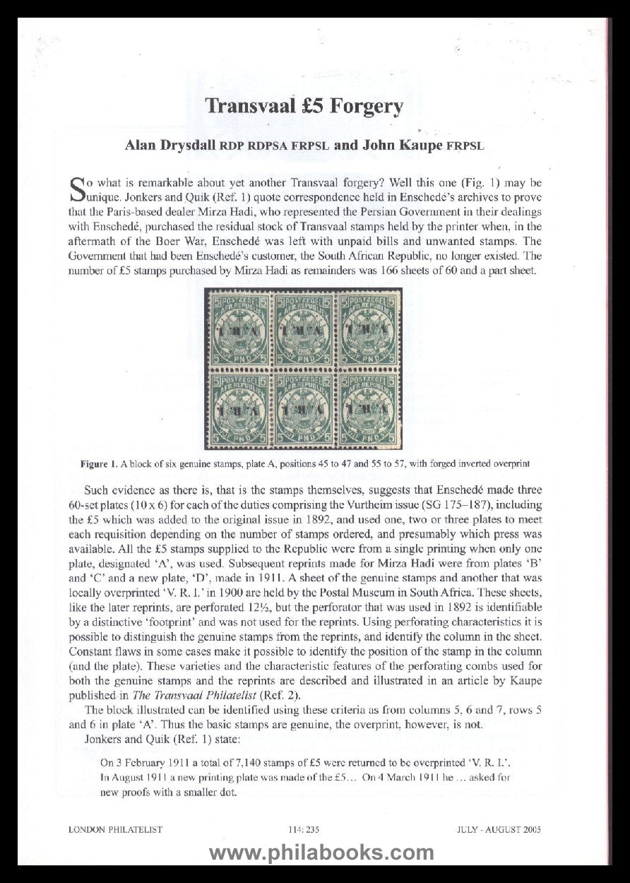 Drysdall, A., Kaupe, J., Transvaal 5 Forgery, Peters, R., Morocco  ...