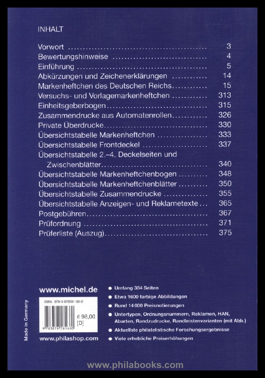 Michel, Handbuch-Katalog Markenheftchen Deutsches Reich, 2009, 384 ...