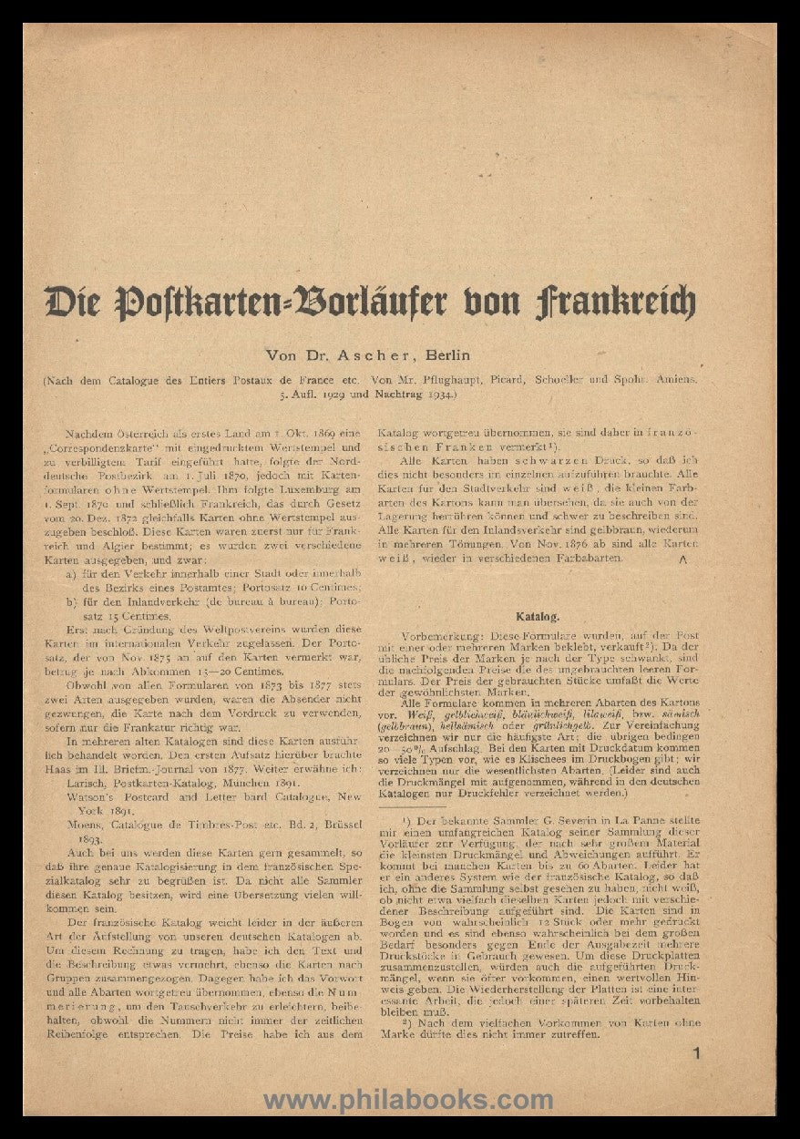 Ascher, Dr., Die Postkarten-Vorläufer von Frankreich, Berichtigte  ...